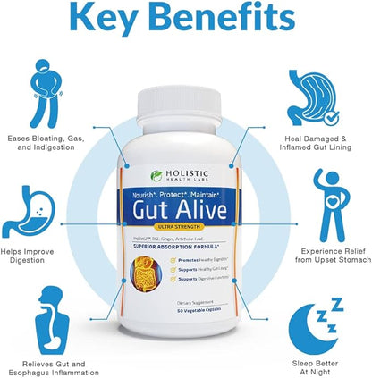Holistic Health Labs Gut Alive - All Natural Support to Fight IBS, Heartburn, Acid Indigestion, Acid Reflux, Bloating & Gas. Unique Formulation (60 Count (Pack of 2))