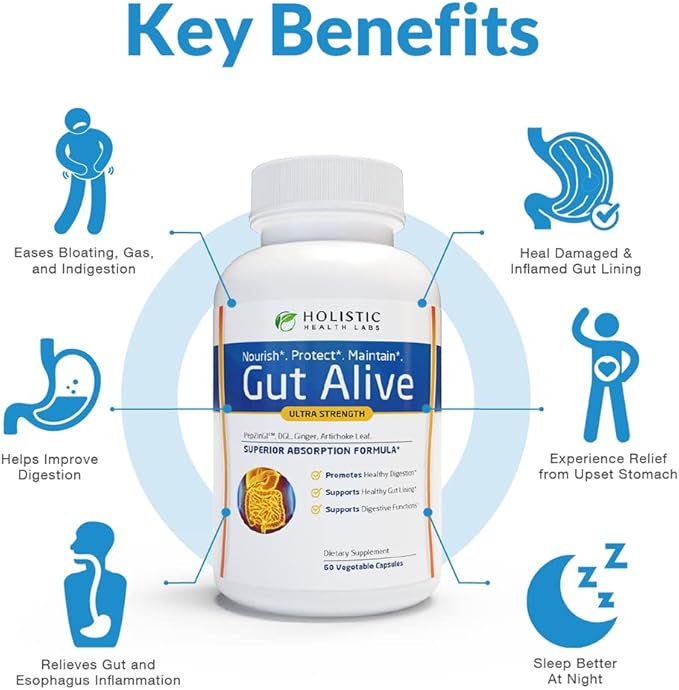 Holistic Health Labs Gut Alive - All Natural Support to Fight IBS, Heartburn, Acid Indigestion, Acid Reflux, Bloating & Gas. Unique Formulation (60 Count (Pack of 3))