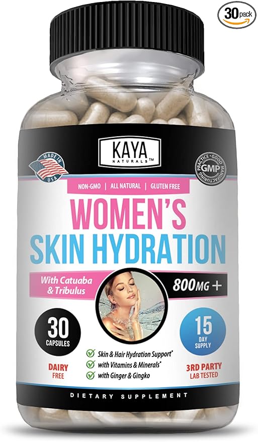 Kaya Naturals Skin Hydration Vitamins - Female Pills - Skin Enhancer Capsules -Hydration Booster for Women - Promotes Increased Energy, Mood & Stamina - Reduction in Dryness - 30 Veggie Capsules