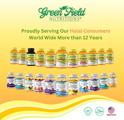 Greenfield Nutritions - Halal Collagen Peptides 1500 mg Type I & III, with Vitamin C 300 mg for Better Absorption, Anti-Aging Formula for Hair, Skin, Nails & Joints, Halal Vitamins, 90 Capsules