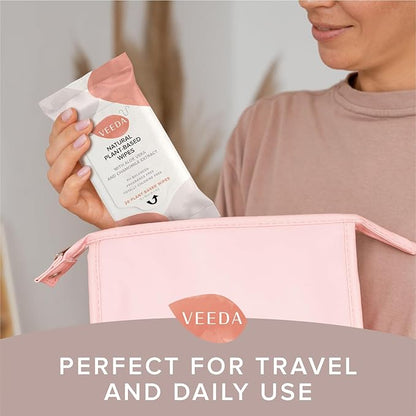 Veeda Plant-Based Feminine Wipes – pH-Balanced, Hypoallergenic & Biodegradable Wipes for Sensitive Skin, Fragrance-Free Travel Sized Wipes – 60 Count