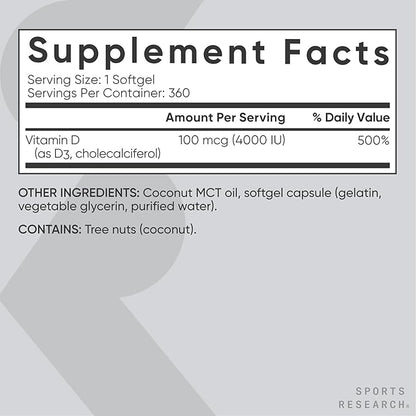 Sports Research® Vitamin D3 4000 IU with Coconut MCT Oil - Double Strength Vitamin D Supplement - Gluten Free · Non-GMO · Soy Free - 360 Count Softgels