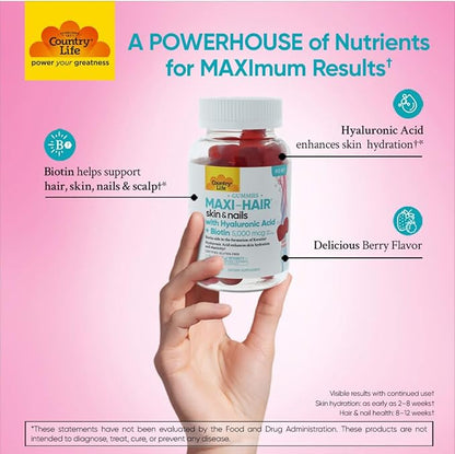Country Life Maxi-Hair Skin & Nails Gummies with Hyaluronic Acid & Biotin 5,000 mcg – Supports Hair Growth, Skin Hydration & Nail Strength – Vegan, Gluten Free – 60 Gummies