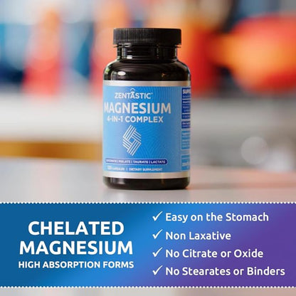 Zentastic Magnesium Complex 4-in-1 Supplement – Magnesium Glycinate, Malate, Taurate & Lactate – Chelated High Absorption for Nerves, Muscles, Bones & Immune Support – 120 Capsules