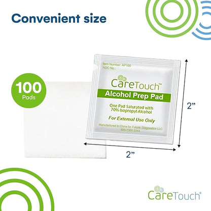 Care Touch 100-Pack Alcohol Wipes - Individually Wrapped Alcohol Prep Pads with 70% Isopropyl - Sterile 2-Ply Antiseptic Swabs for First Aid Kits, Cleaning, Travel and Everyday Use