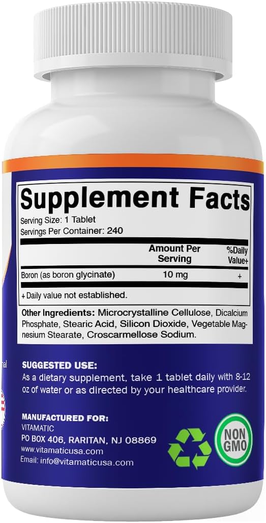 Vitamatic Chelated Boron (as Glycinate) 10mg 240 Tablets - Supports Hormone Balance, Bone Health & Connective Tissue- 2 Pack