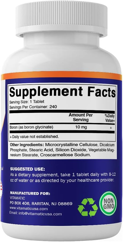 Vitamatic Chelated Boron (as Glycinate) 10mg 240 Tablets - Supports Hormone Balance, Bone Health & Connective Tissue- 2 Pack