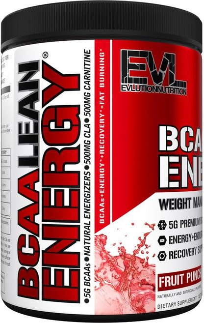 EVL BCAA Lean Energy Powder - Pre Workout Green Tea Fat Burner Support with BCAAs Amino Acids and Clean Energizers - BCAA Powder Post Workout Recovery Drink for Lean Muscle Recovery - Fruit Punch