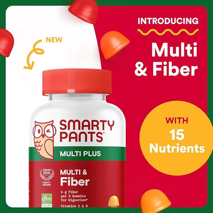 SmartyPants Fiber Supplement & Multivitamin for Men & Women, Prebiotic Fiber Gummies with Omega 3 (DHA/EPA), Vitamin D3, C, Vitamin B12, B6, A, K & Zinc, 90 Count (30 Day Supply)