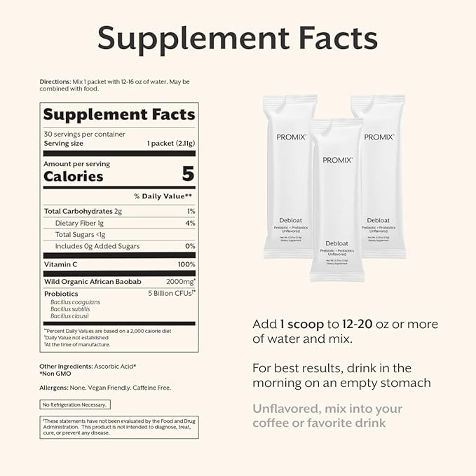 ProMix Nutrition Debloat Prebiotics and Probiotics Immune Support Supplement for Digestion, Cortisol Health, Gut Cleanse - Unflavored - 30 Servings (Pack of 30)