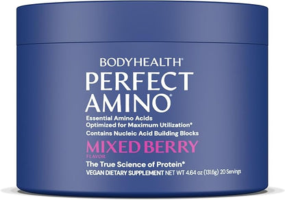 BodyHealth PerfectAmino - BCAA and EAA Powder for Pre and Post Workout - Amino Acid Energy Drink for Men and Women to Support Lean Muscle and Recovery - Mixed Berry - 20 Servings
