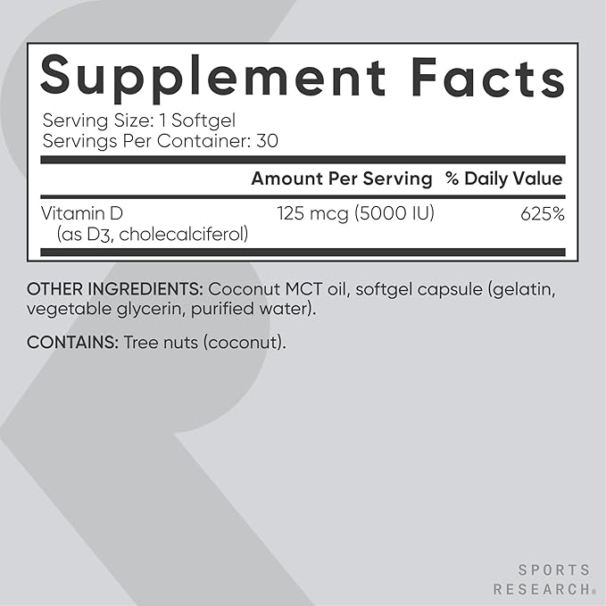 Sports Research Vitamin D3 5000 IU with Coconut MCT Oil - Extra Strength Vitamin D Supplement - Non-GMO Verified, Gluten & Soy Free – 125mcg, 30 Liquid Softgels