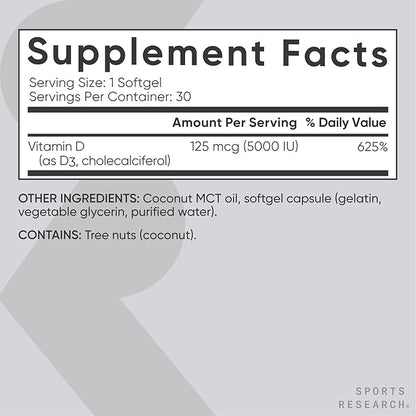 Sports Research Vitamin D3 5000 IU with Coconut MCT Oil - Extra Strength Vitamin D Supplement - Non-GMO Verified, Gluten & Soy Free – 125mcg, 30 Liquid Softgels (Pack of 2)