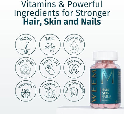 WEEM Hair Skin and Nails Gummies - Supports Healthy Hair - Vegan biotin Vitamins for Women & Men Supports Faster Hair Growth, Stronger Nails, Healthy Skin, Extra Strength (3)