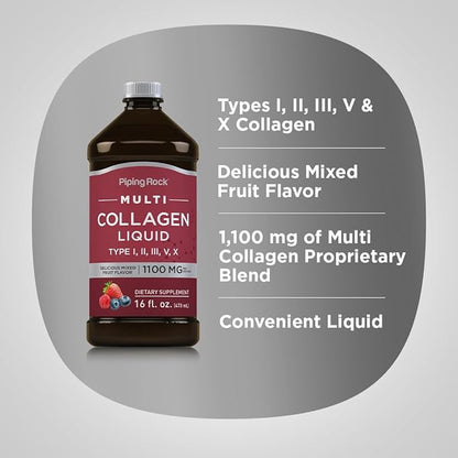 Piping Rock Liquid Collagen 16 fl oz | 1100mg | Fruit Flavor | Multi Collagen Type I, II, III, V, X | with Vitamin C | Non-GMO, Gluten Free Supplement