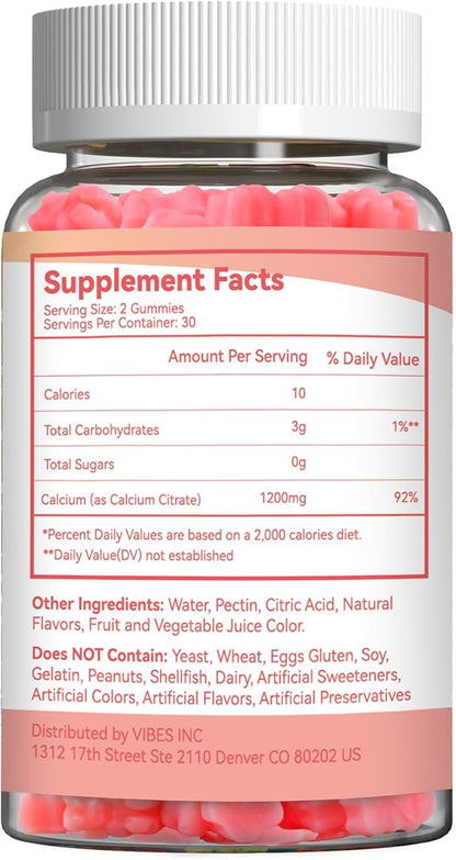 Calcium Citrate Gummies 1200mg, Chewable Calcium Supplement for Women & Men, Ultimate Absorption Calcium Gummies for Muscle & Immune Support, Sugar Free, Raspberry Flavor, 60 Count