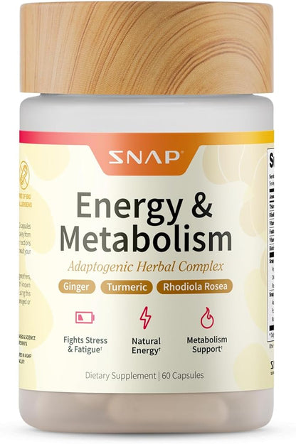 Snap Supplements Energy & Metabolism Herbal Complex for Fatigue, Stress Relief, Energy Booster & Better Mood, Energy Pills for Women & Men, 60 Capsules (30 Servings, 1 Month Supply)