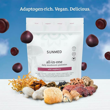 SUNMED All-in-One Mushroom Gummy Supplements for Focus, Energy, Mood & Immune Support – 10 Functional Mushrooms (Lion’s Mane, Reishi, Cordyceps, Chaga) | Wild Raspberry Flavor, 60ct