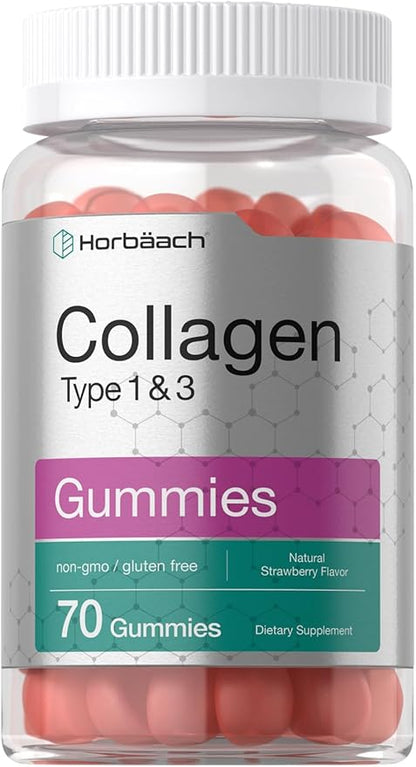 Horbäach Collagen Gummies | 70 Count | Strawberry Flavored Gummy | for Women and Men | Collagen Peptides Type 1 and 3 | Non-GMO, Gluten Free Supplement