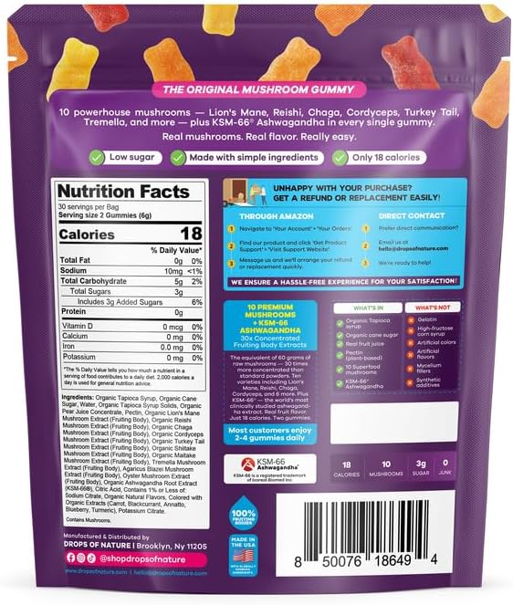 Drops Of Nature Mushroom Gummies 10-in-1 with KSM-66 Ashwagandha – Lions Mane Turkey Tail Cordyceps Shiitake Tremella Oyster Agaricus – Vegan Functional Superfood Gummies (Mixed Fruits, 70 Gummies)