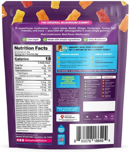 Drops Of Nature Mushroom Gummies 10-in-1 with KSM-66 Ashwagandha – Lions Mane Turkey Tail Cordyceps Shiitake Tremella Oyster Agaricus – Vegan Functional Superfood Gummies (Mixed Fruits, 70 Gummies)