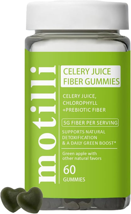 Motilli Celery Juice Gummies, Fiber Gummies with Celery Juice, Support Gut Health, Chlorophyll & Prebiotic Fiber, 60 Count(1PC)