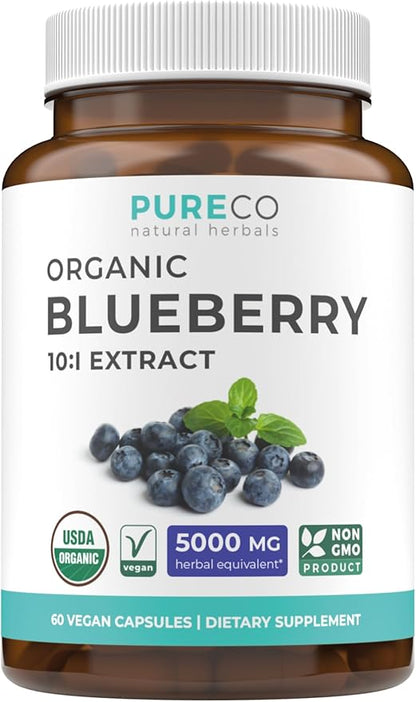 USDA Organic Blueberry Extract Capsules - High Potency Organic Blueberry 500mg 10:1 Extract Per 1 Capsule Serving - Blueberry Supplement for Brain & Immune Support - Vegan Non-GMO (2 Month Supply)