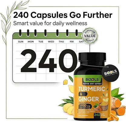 Turmeric Curcumin Supplement with BioPerine & Ginger, Turmeric Curcumin with Black Pepper 1950mg for Max Absorption Joint Support- Non-GMO Turmeric Supplement, Vegan, 240 Capsules