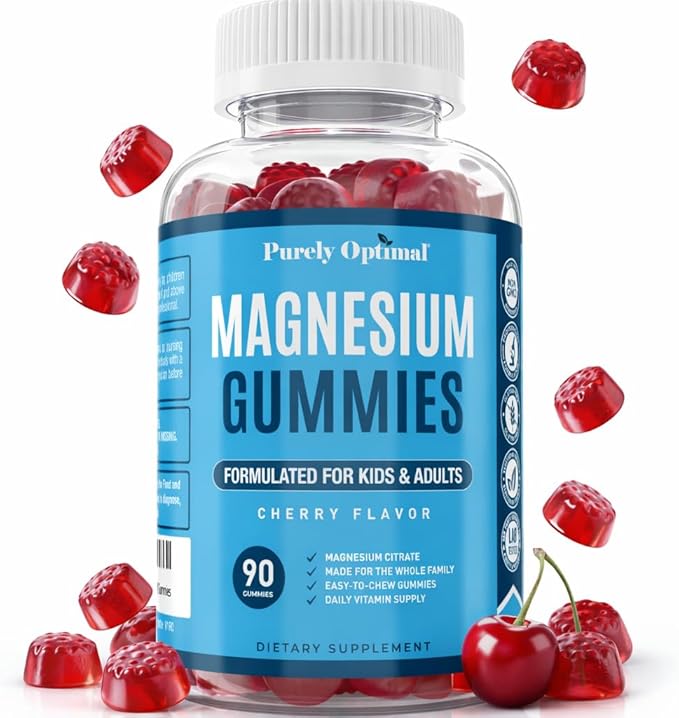 Purely Optimal Magnesium Citrate Gummies for Kids & Adults - Delicious Cherry Flavor - Sleep, Calm & Digestive Support, Relaxation, Muscle Health - Chewable Magnesium, Gluten-Free, Vegan - 90 Gummies