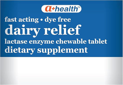 A+Health Dairy Relief Lactase Enzyme 9000 FCC Chewable Tablets, 60 Count, Fast Acting, Dye-Free, Dietary Supplement, Vanilla Flavor, Single Serve Pouches, for Adults and Children 4 Years and Up