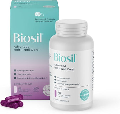 Biosil Advanced Hair + Nail Care - 120 Capsules - Grow, Strengthen & Thicken Hair and Nails - with Patented ch-OSA & Biotin - 60-Day Supply