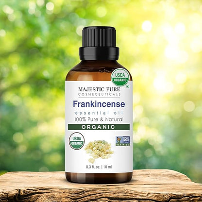 Majestic Pure Organic Frankincense Essential Oil - 100% Pure Frankincense Oil for Pain Relief, Skin Care, Hair Care & Aromatherapy, Premium Grade for Diffuser & Oil Diffuser - 0.3 fl oz