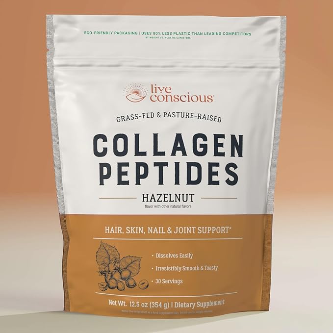 Live Conscious Collagen Peptides Powder - Hazelnut Flavored Collagen Powder - Hair, Skin, Nail, & Joint Support - Type I & III Grass-Fed Collagen Supplements for Women and Men - 30 Serving - 12.4oz