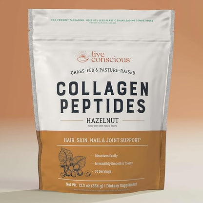 Live Conscious Collagen Peptides Powder - Hazelnut Flavored Collagen Powder - Hair, Skin, Nail, & Joint Support - Type I & III Grass-Fed Collagen Supplements for Women and Men - 30 Serving - 12.4oz