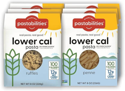 Pastabilities, Lower Calorie Pasta, Variety Pack (Penne & Ruffles) – 100 Calories/Serving, 12g Net Carbs & High Fiber – Delicious & Nutritious Alternative to Traditional Pasta (8 Ounce, 6 Pack)
