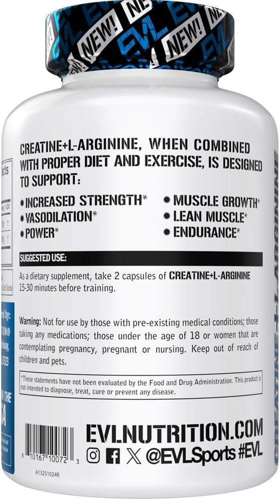 Evlution Nutrition Creatine + L-Arginine - Supports Blood Flow, Post-Workout Recovery & Lean Muscle Growth - 500mg Creatine Monohydrate & 500mg L-Arginine Per Serving -60 Servings -120 Veggie Capsules