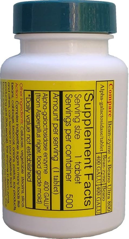 Bean-Zyme Gas Relief for Adults Extra Strength (500 ct) is 400 GAUL per Tablet Alpha Galactosidase, Vegan, Cost Less, Digestive Enzyme Dietary Supplement Natural Food Enzyme