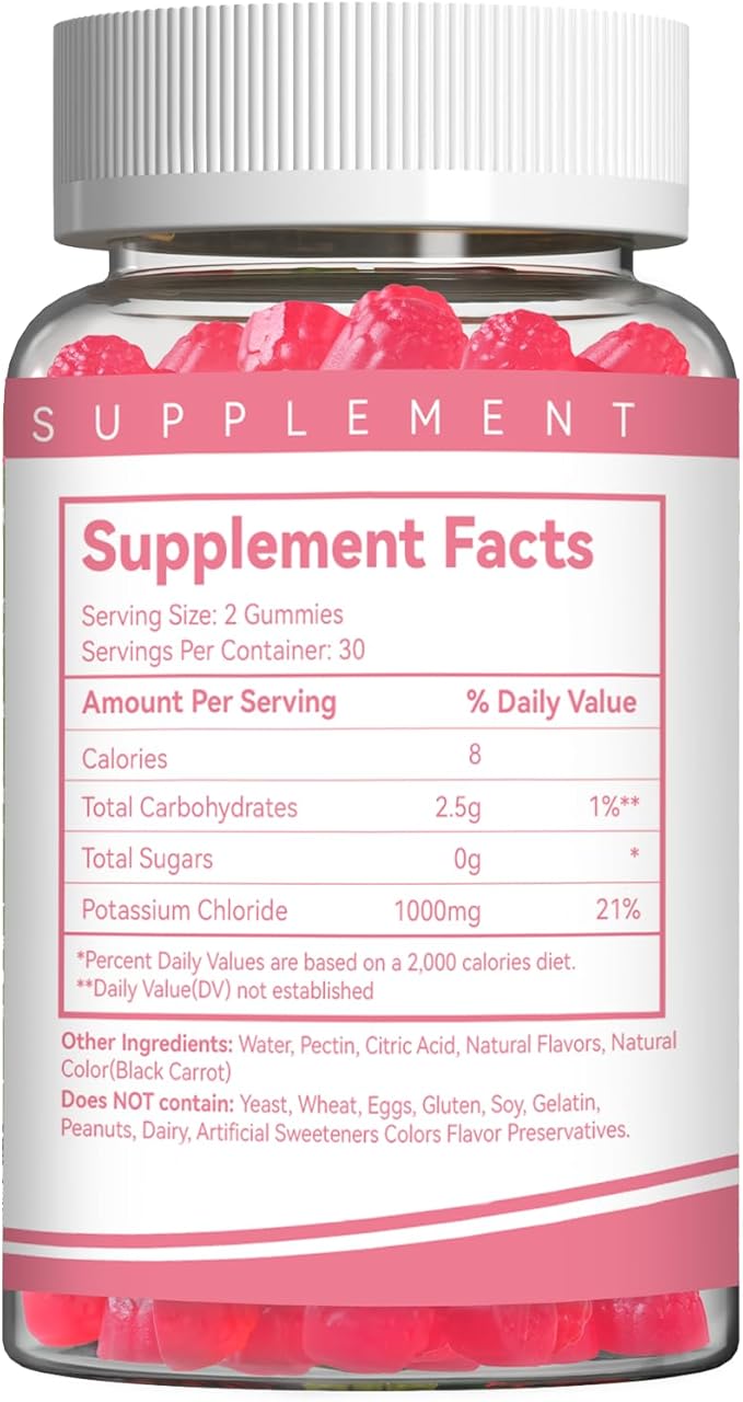 Potassium Gummies, Potassium Chloride 1000mg for Adults, Chewable Potassium Supplement for Women & Men, Support Leg Cramps & Muscle Health - Sugar Free, Vegan,60 Count