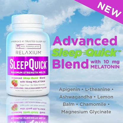 Relaxium Sleep Quick Maximum Strength Melts, Fast Acting Sleep Aid with 10 mg Melatonin, Drug Free Dietary Supplement, Vegan, Gluten Free, Made in USA, 100 Servings, Berry Flavor