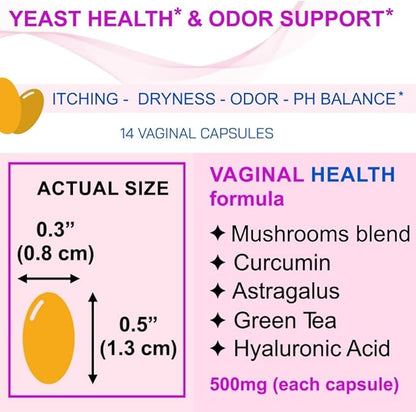 Vaginal Health 5-in-1 Vaginal Odor HP-V Immunity Support pH balance Yeast Itching Dryness Support - 2X Absorption Clinical Strength - Mushrooms Hyaluronic Acid Astragalus Curcumin14 Vaginal Capsules