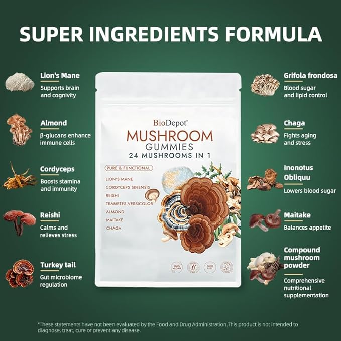 Mushroom Daily Supplement All in One Gummie, 24 Mushroom Lions Mane Nootropic Supplements Boosts Memory, Focus, Energy & Mood in Adults - Reishi, Cordyceps, Turkey Tail, 80 Gummies