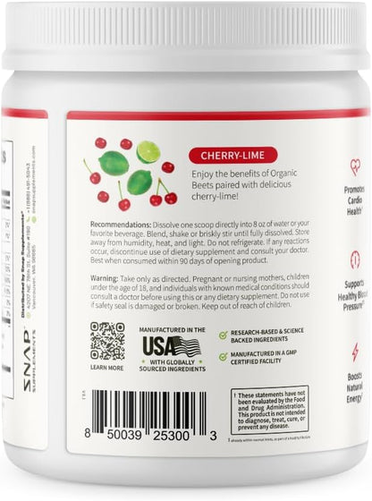 Snap Supplements Organic Beet Root Powder Nitric Oxide Supplement for Men & Women, Red Spinach & Pomegranate, Supports Healthy Energy & Blood Pressure Already in Normal Range, 30 Servings, Cherry Lime