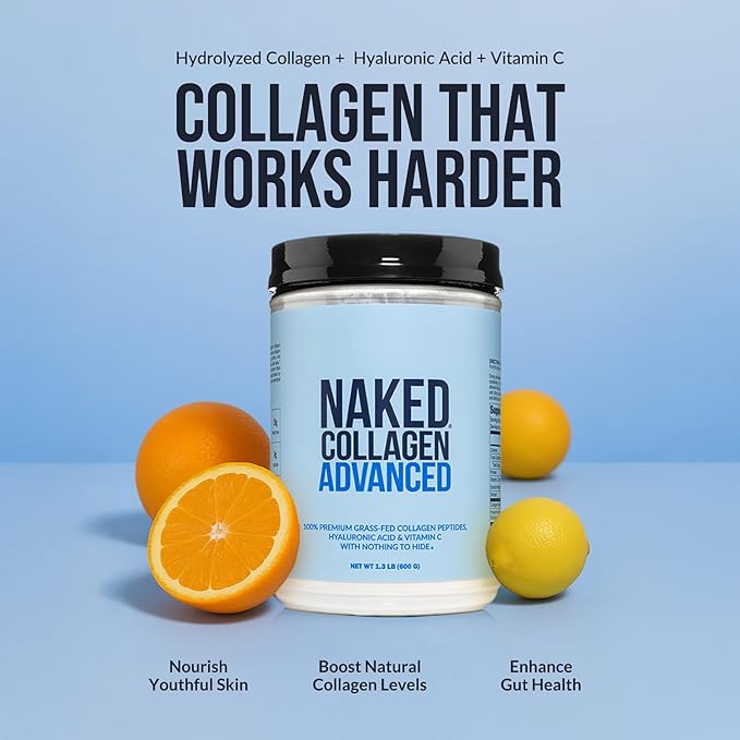 NAKED Collagen Advanced - Peptides Protein Powder, Hyaluronic Acid, Vitamin C, Pasture-Raised, Grass-Fed Hydrolyzed Collagen Supplement, Paleo Friendly, Non-GMO, Keto, Gluten Free, 1.3LB