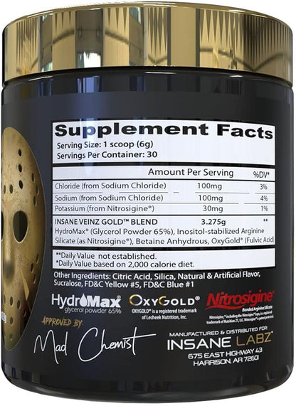 Insane Labz Insane Veinz Gold, Nitric Oxide Non Stimulant pre Workout Powder, Loaded with Hydromax, Nitrosigine, Increases Vascularity and Blood Flow, 30 Srvgs, Apple