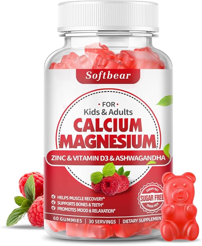 softbear Calcium Magnesium Zinc Gummies for Women, Calcium Magnesium Supplement with Vitamin D3 for Bone Strength, Vegan/Sugar-Free, Raspberry Flavor 60 Count