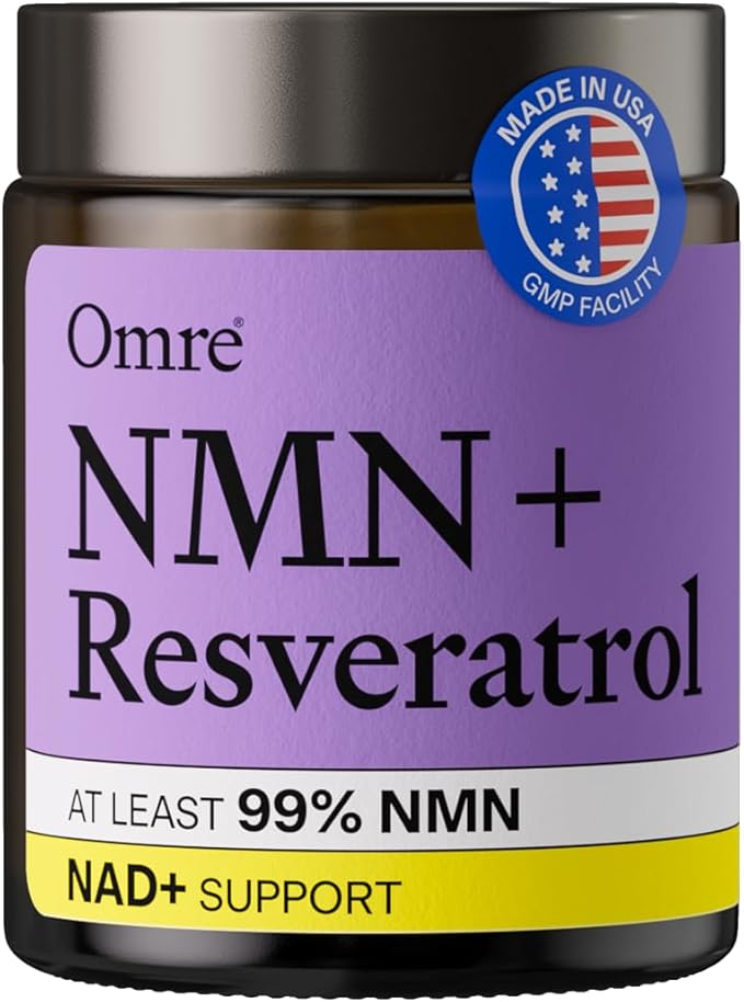 OMRE NMN + Resveratrol Supplement 99% Purity for Cellular Energy, NAD+ Boost | Highly Bioavailable Nicotinamide Mononucleotide Supplement Resveratrol 500mg & NMN 500mg, Made in USA, 60 Capsules