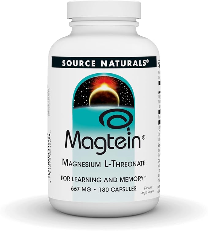 Source Naturals Magtein Magnesium L-Threonate, 667mg, Supports Focus, Mood, Healthy Memory, Cognitive Function - 180 Capsules