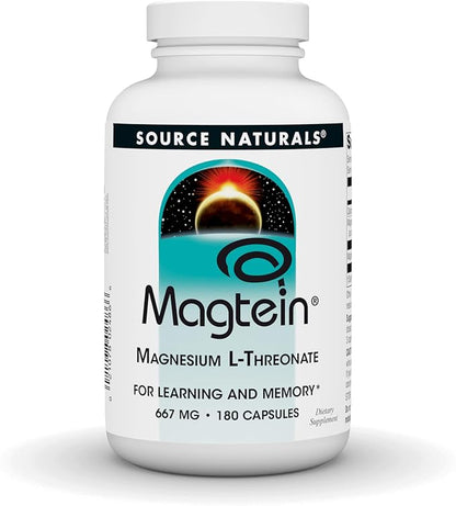 Source Naturals Magtein Magnesium L-Threonate, 667mg, Supports Focus, Mood, Healthy Memory, Cognitive Function - 180 Capsules