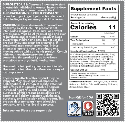 Shrumfuzed Proprietary Nootropic Gummy 3200mg - Lion's Mane, Reishi, Chaga, and Cordycep Nootropic Mushroom Blend (4, Summer Peach)