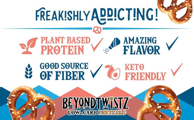 BeyondTwistz Low Carb Pretzels, Garlic Butter, Keto Friendly, 2g Net Carbs, 18g Protein, Powered By HealthSense® High Fiber Wheat Flour, Family Size 8oz Bag, Pack of 3